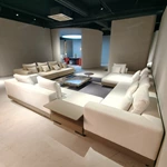 Modern Large-Scale Modular Sectional Sofa with Integrated Leather Side Tables, Premium Textured Fabric & Leather-Wrapped Base